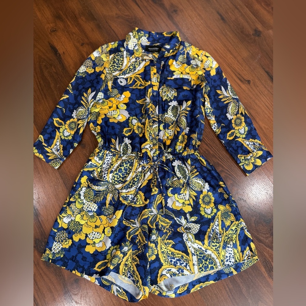 NWOT Banana Republic Limited Heritage Blue Gold Print 100% Silk Romper Sz 0